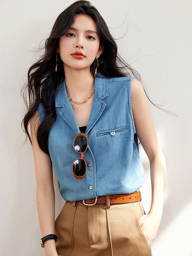 Vintage Sleeveless Tank Top Women Fashion Turn-down Collar Casual Vest Shirts Spring Summer Casual Denim Shirt