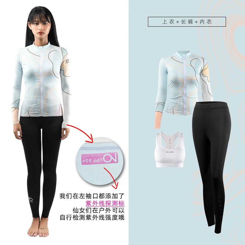 Nu-June Rash Guard Women's Long Sleeve Zipper Surfing Suit, Sun Protection, Quick Dry Bathing Suit, Front Zipper Swimsuit