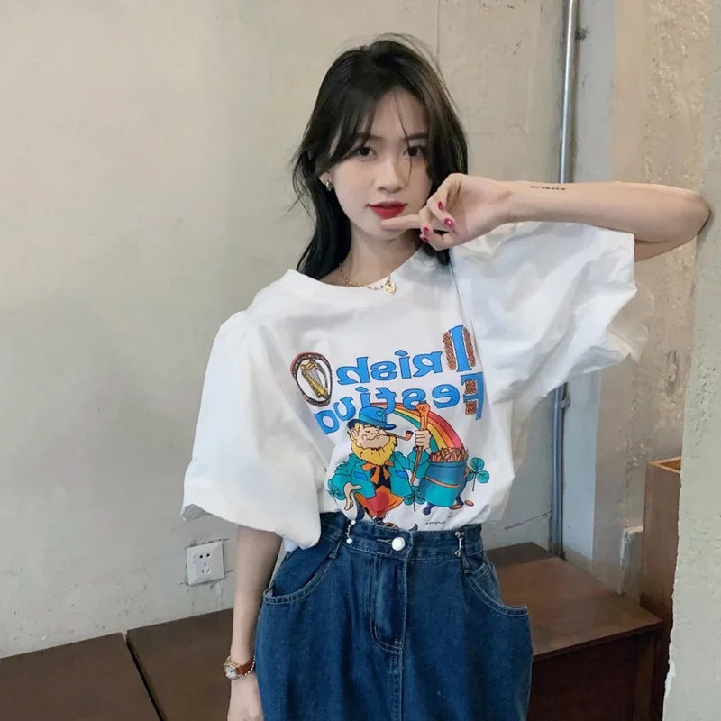 Cartoon Puff Sleeve T-shirt Women's Loose-fit Stylish Printed Short Sleeve Top Korean Version 2022 New Style