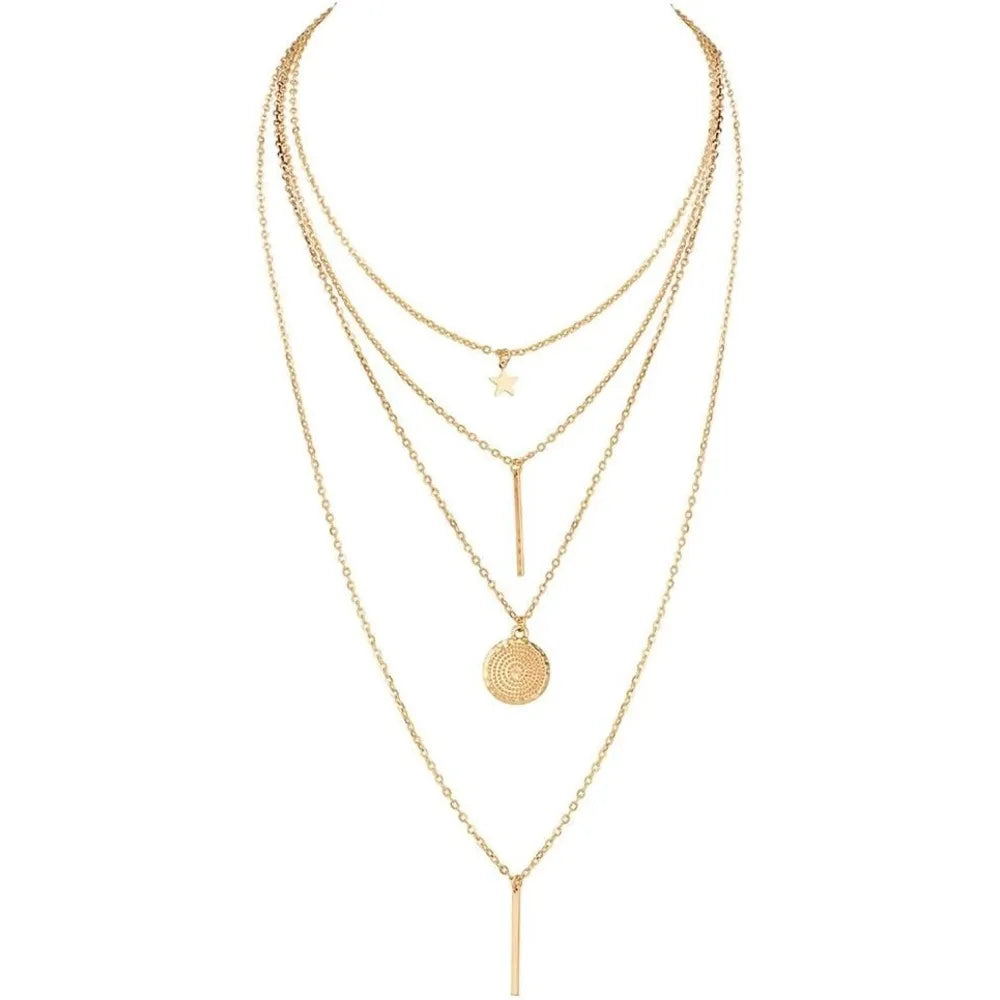 Layers Choker Necklace 14K Gold Silver Plated Y Pendant Necklace Multilayer Bar Necklace Adjustable Layer Necklace for Women