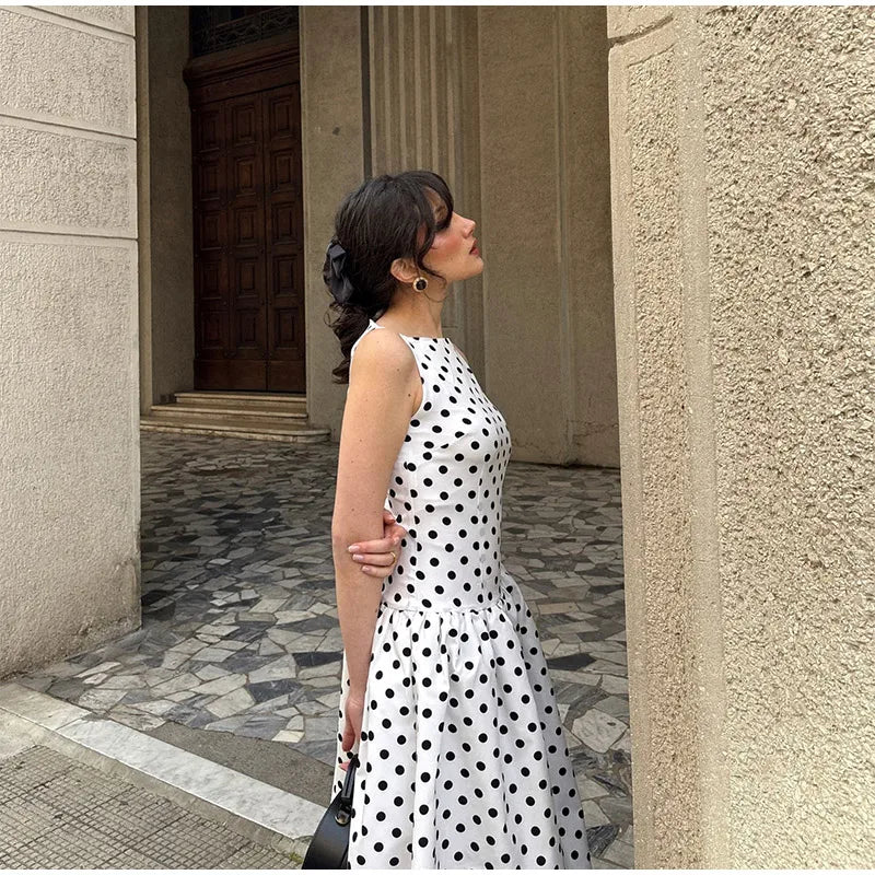 Elegant Women Polka Dot Maxi Dresses Chic Sleeveless Round Neck High Waist Slim Long Vestidos 2025 Lady Party Street New Dress
