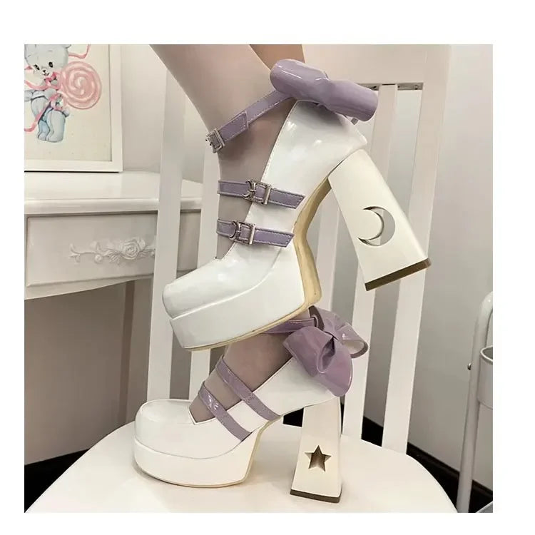 Mary's Spring New Women's Fashionable Thick Heel Bow Hollow Out Line Toe Flats Summer Season Flat Heel Women's Shoes