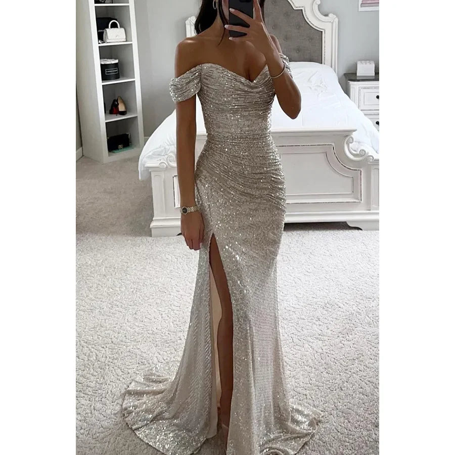 Sexy Side Slit Ballgown Shiny Sequins Women's Dress Independent Station Polyester Borderless Flashing Lightweight Fashion