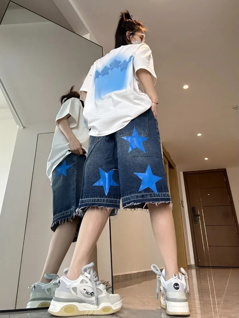 Street Trendy Brand Loose Straight Cropped Pants Women American Retro Star Embroidered Denim Shorts Hip Hop Dance Clothing Men