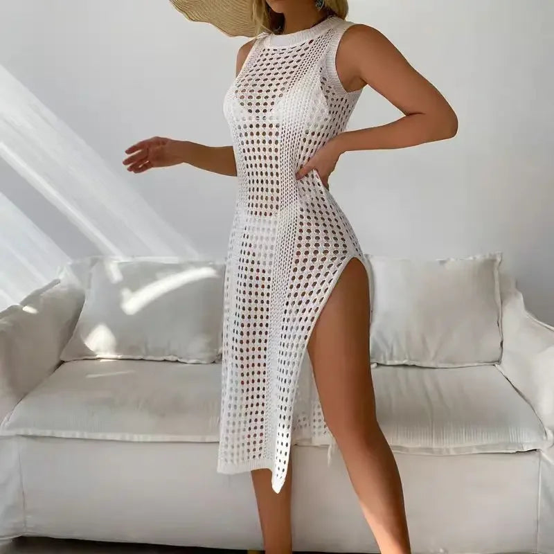 Women's holiday sexy cutout crochet cover swimsuit sleeveless bikini dress smock high slit beach knit solid swimsuit
