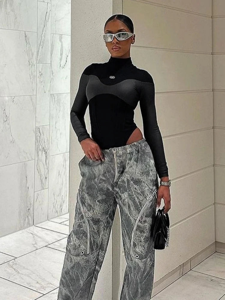 Long Sleeve Bodycon Lenceria Femenina Turtleneck Lingerie Sexy Body Feminino Black Tops Women PU Patchwork One-Pieces Bodysuit