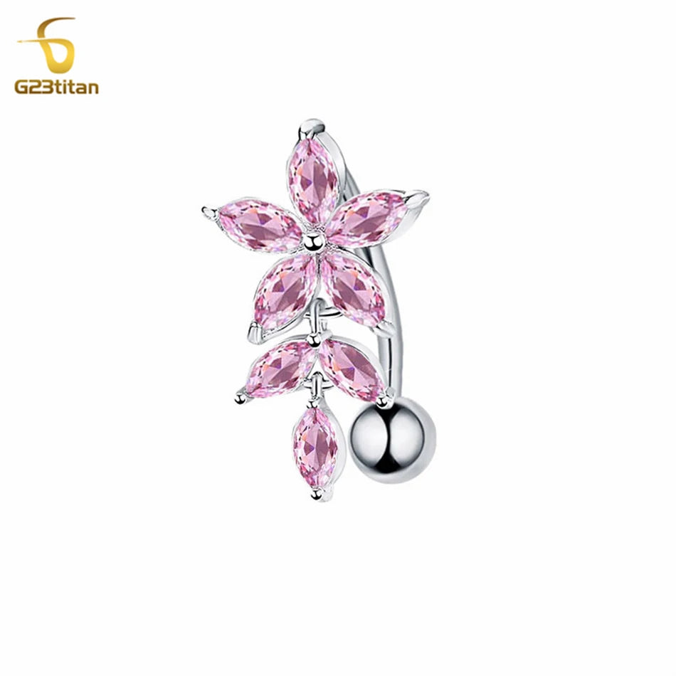 G23titan Pink Zircon Flower Belly Button Ring for Women 14G 6-16mm Titanium Curved Barbell Reverse Nave Bar Crystal Body Jewelry