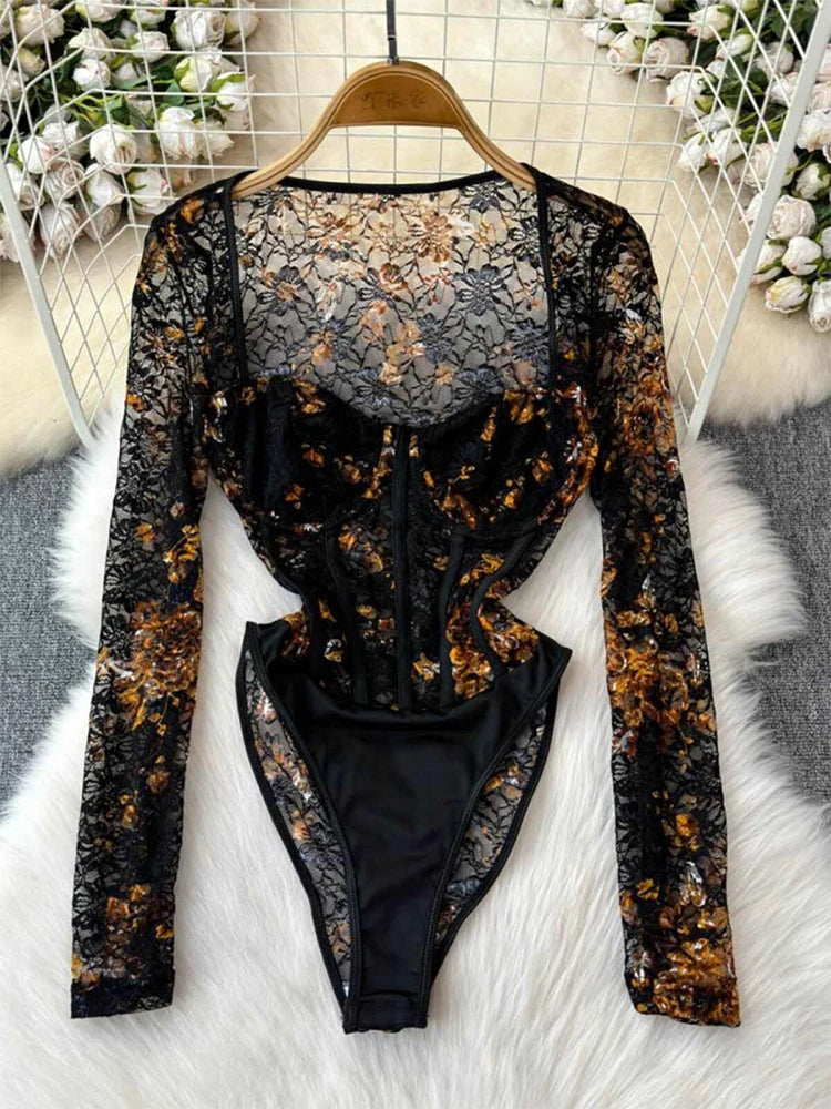 Women's Green Lace Jumpsuits Vintage Skinny Playsuits Harajuku Long Sleeve Square Collar Exotic Sexy Rompers Coquette Clothes