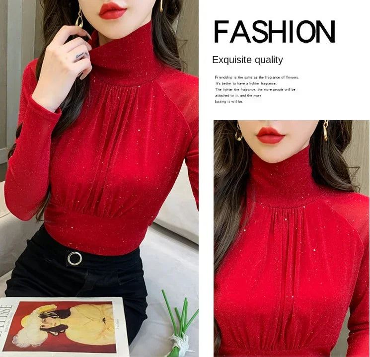 Sequin Long Sleeve T Shirt for Women Rhinestone Slim Plain Glitter Tops Woman Korean Popular Clothes With Sleeves Pulovers Kpop