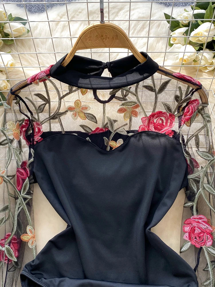 Women's Black Gothic Vintage Jumpsuits Y2k Harajuku Embroidery Overalls Korean Aesthetic 2000s Exotic Sexy Mesh Rompers Clothes