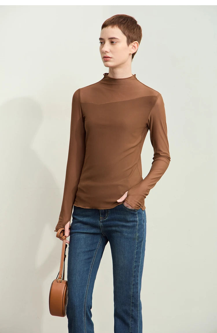 Amii Minimalism Mesh T-shirts For Women 2025 Spring New Office Lady Half-high Neck Micro Perspective Slim Retro Shirt 12423055