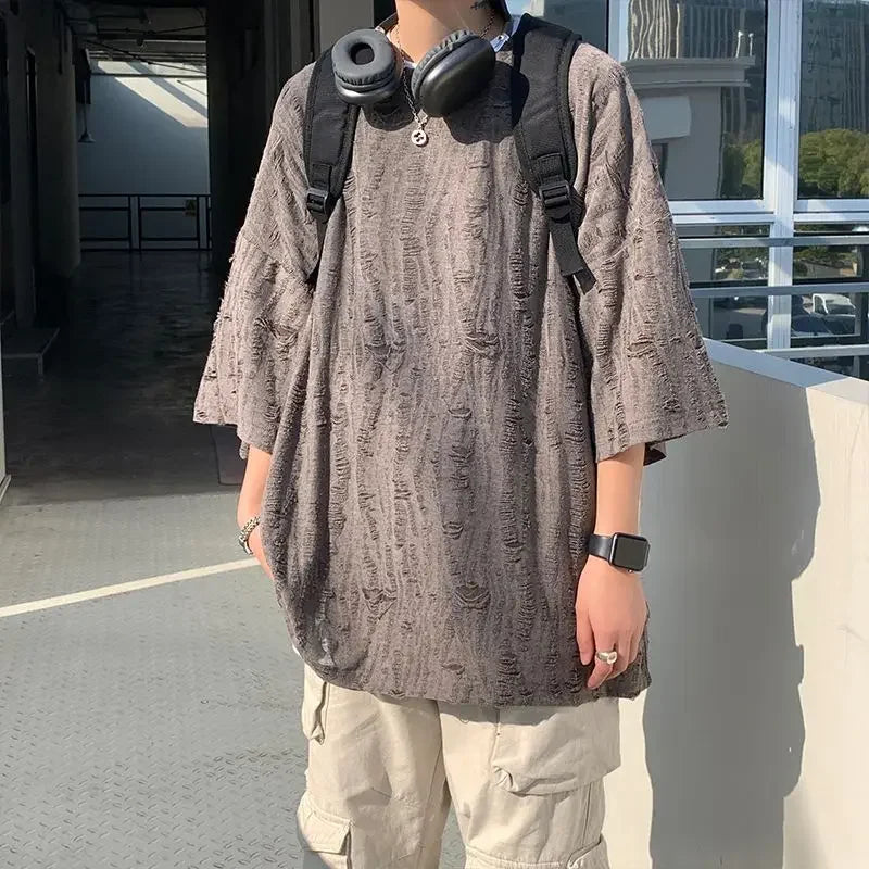 Male Tees Shirts American Style Five-point Sleeve Elasticity Men's T-shirt Oversized No Logo Ordinary Vintage Clothing Y2k Tops