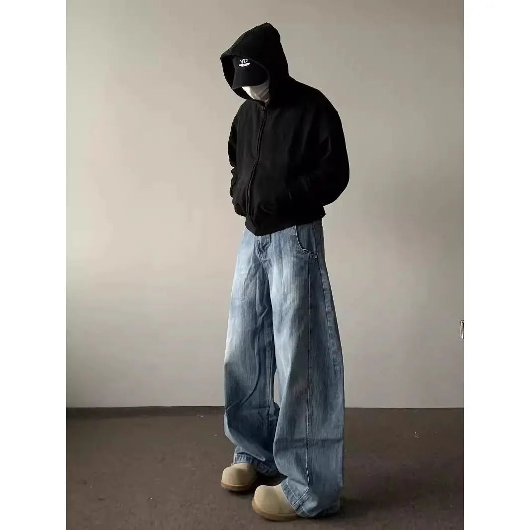 High street American men and women trendy hip-hop washed curved knife jeans for couples loose retro wide leg casual pants y2k