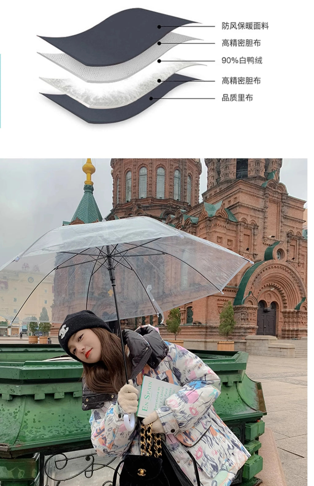 Down Jacket Fashion Short Women's Autumn and Winter Thickened Warm Windproof Warm Loose Hooded Straight Cartoon Anime Print 1Pc