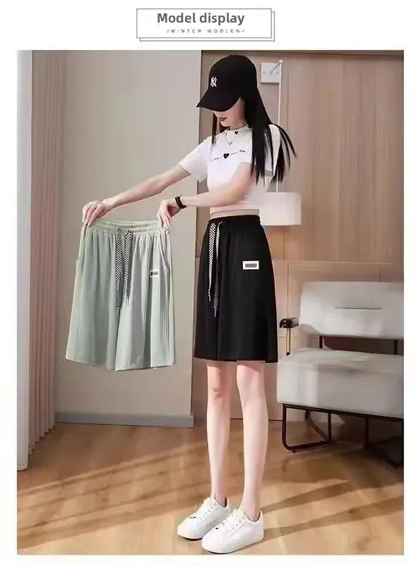 2024 Summer New Men's Women's Hong Kong Style Simple Basic Straight-Leg Casual Ice Silk Draped Shorts