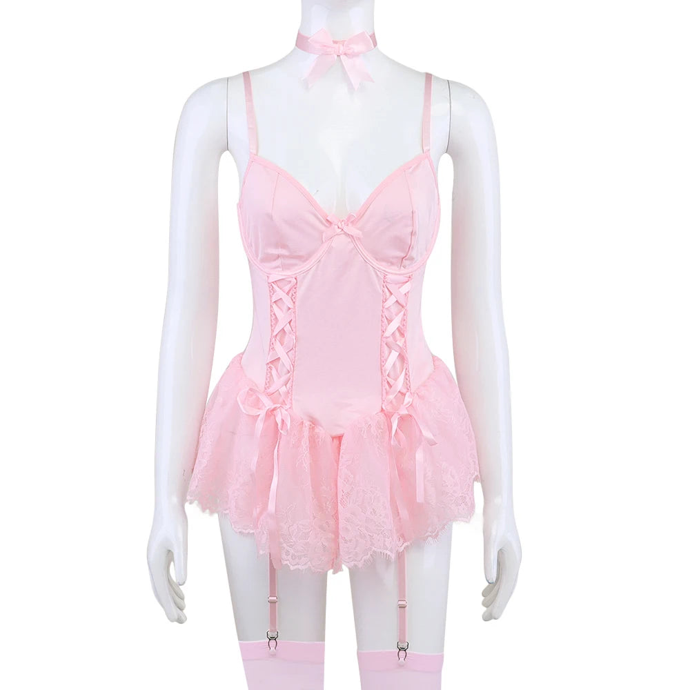 Sexy Lingerie Women Corset Lace Bodysuit 5-Piece Set with Stockings & Garter Belt OnlyFans Tightening Fantasy Underwear