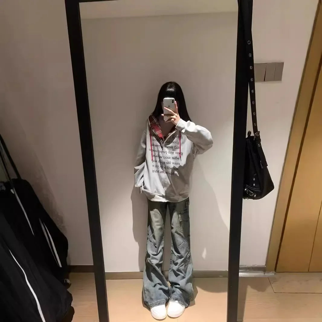 Hua Cotton Blend Milk Silk Hoodie Zipper Couple Jacket Retro Letter Patchwork Hat Sweatshirt 280g Vintage Style Women's Clothing