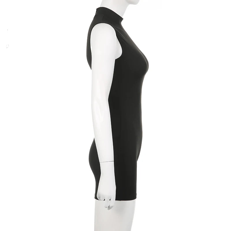 CIBBAR Casual Jogger Bodycon Rompers Solid Black Sleeveless Turtleneck Women's Fitness Sports Jumpsuits Basic All-match Outfits