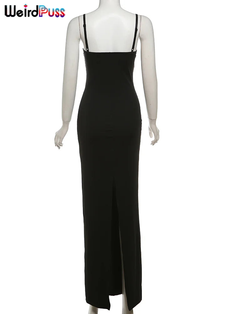Weird Puss Sexy Camis Dress Women Skinny Patchwork Chest Summer Elegant Skinny Elastic Stretch Maxi Bodycon Clubwear Vestidos