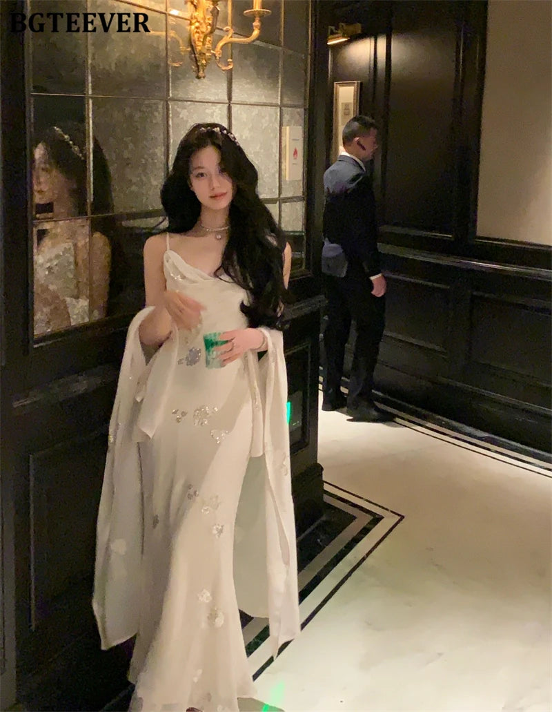 BGTEEVER Autumn Winte Slim OL Embroidery Set Long Sleeve Cardigans & Spaghetti Strap Package Hip Dress Ladies 2 Pieces Set