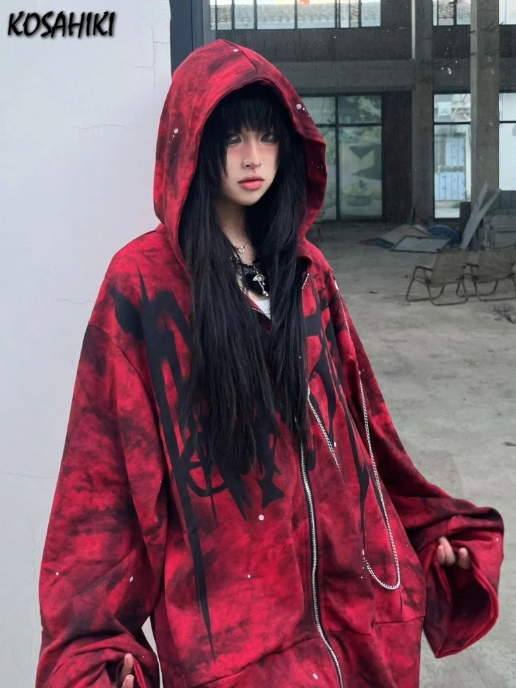 Y2k Aesthetic Printing Punk Hoodies Women Grunge Loose Pocket Oversized Hooded Hoody Harajuku Streetwear Emo Zipper Sweatshirts