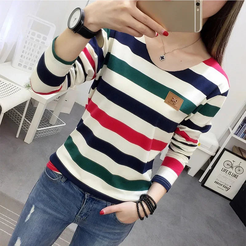 Korean Style Spring Autumn Women's T-shirt New Stripe Long Sleeve Top Slimming Base Layer Inner Outer Wear V-neck