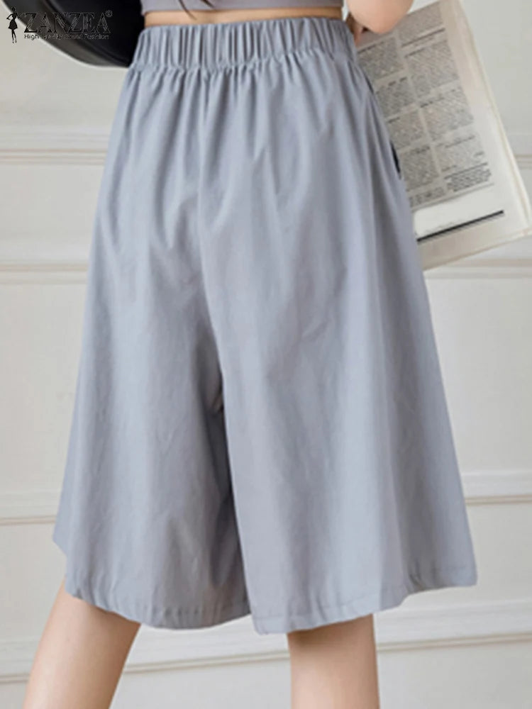 ZANZEA Women Shorts Fashion High Waist Wide Leg Pants 2025 Summer Elastic Waist Pantalons Casual Solid Pockets Vintage Shorts