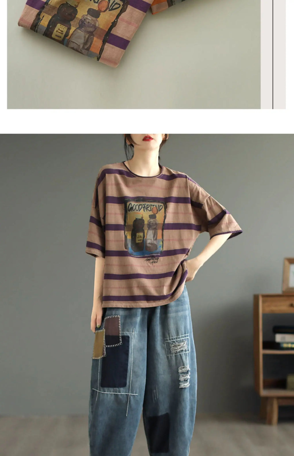 plus Size Women's Cotton T-irt ort Sve Slimming Top Summer Street Sle Printed round Ne Loose Fit Casual Wear