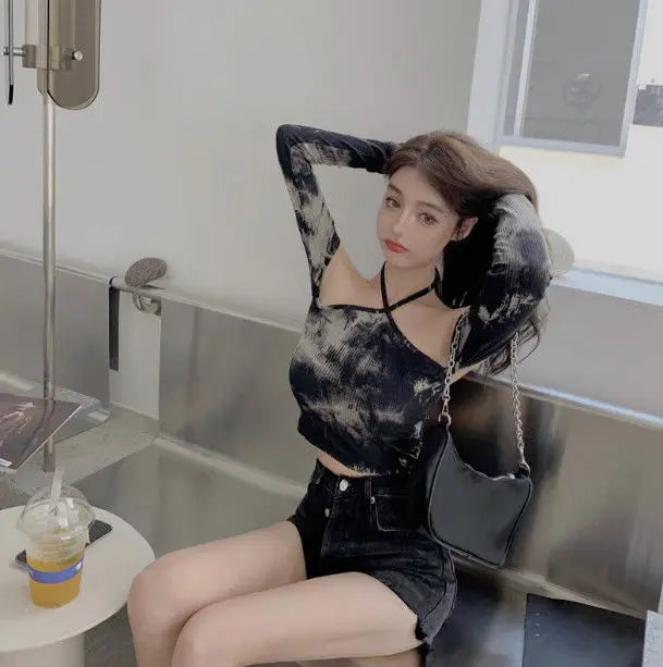 Tie-dye Long-sleeved T-shirt Women Slimming One-word Neck Off Shoulder Halter Short Top Summer Y2K Goth Backless Sexy Crop Tops