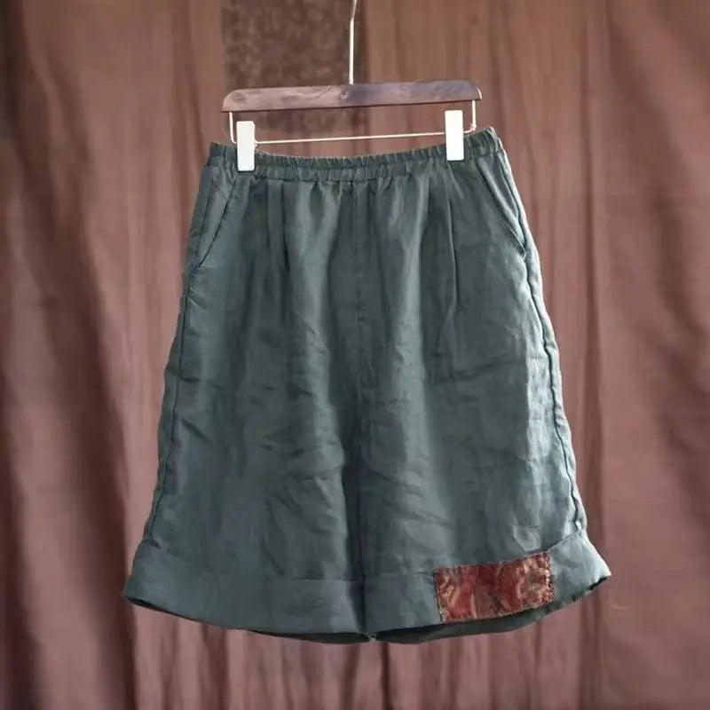 Women Retro Ethnic Style Patch Oversize Cotton Linen Short Pants Summer Female Casual High Waist Beach Shorts Pantalones Cortos