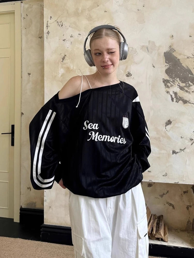 HOUZHOU Y2k Vintage Women Sweatshirts Sloping Shoulder Letter Printed Long Sleeve American Retro Hoodies Loose Gyaru Streetwear