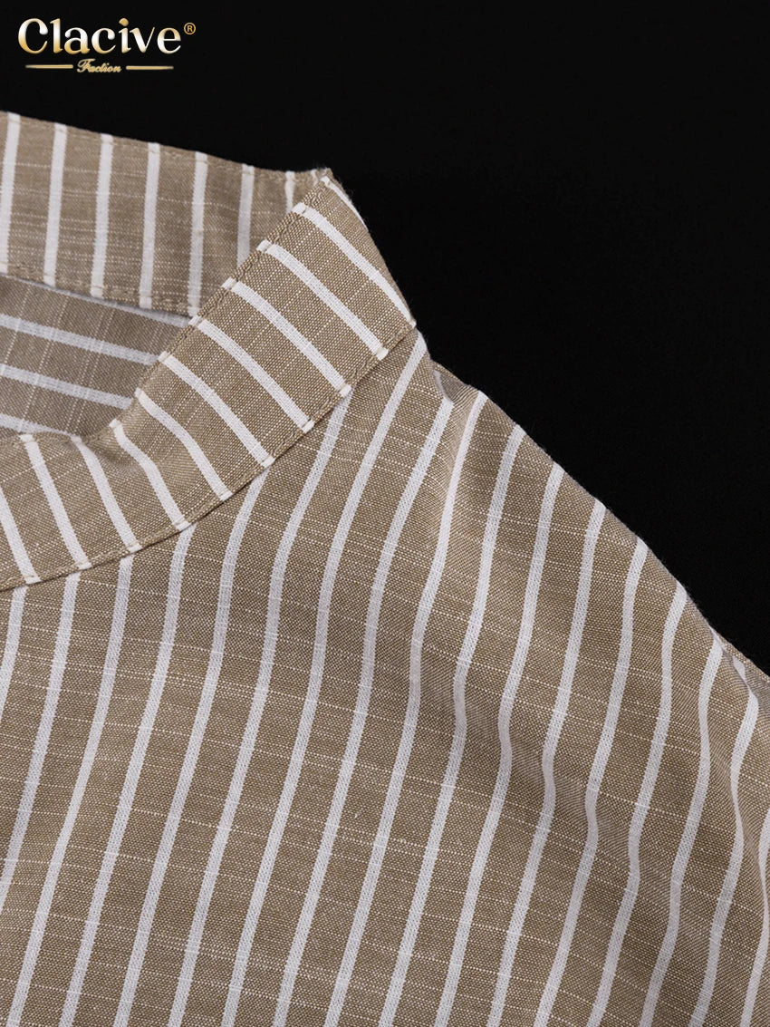Clacive Vintage Loose Brown Stripe Women Shirts 2025 Fashion Stand Collar Long Sleeve Shirt Elegant Classic Top Female Clothing