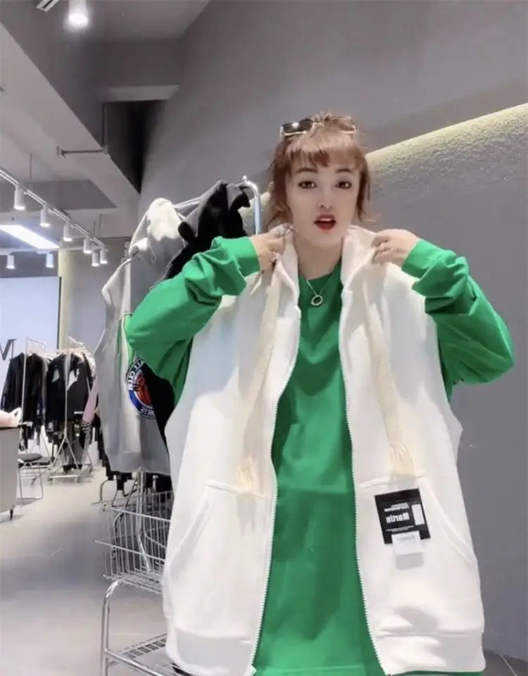 Oversized Hooded Sweatshirt Vest Female Hip Hop Streetwear Sleeveless Jacket 2023 New Cardigan Outerwear Korean Fashion Casual