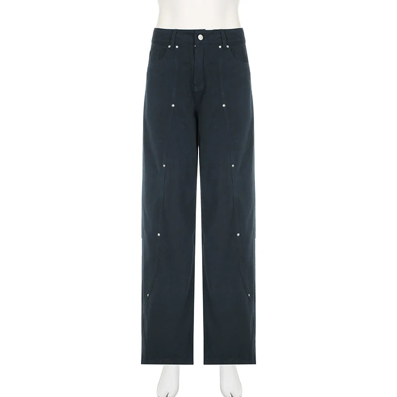 IAMSURE Casual Loose Rivet Jeans Wide Leg Pants Basic Low-Waisted Straight Pants Women 2025 Spring Autumn Streetwear Ladies