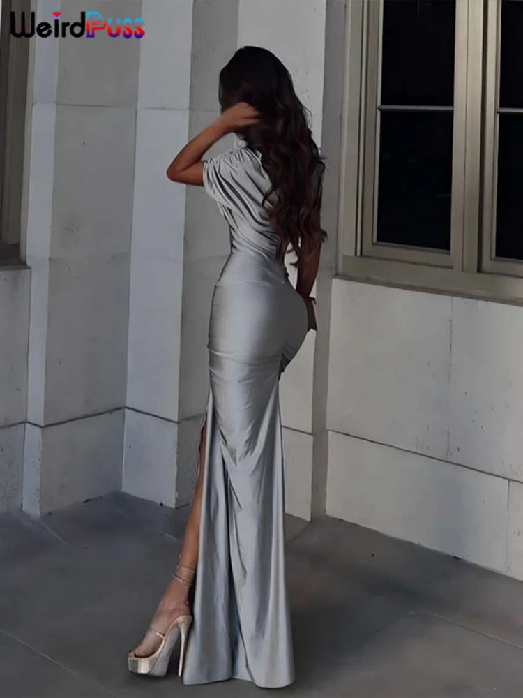 Weird Puss Irregular Hollow Dress Women Ruched Diagonal Collar Shorts Sleeve Waistless Slits Street Trend Elegant Long Bodycon