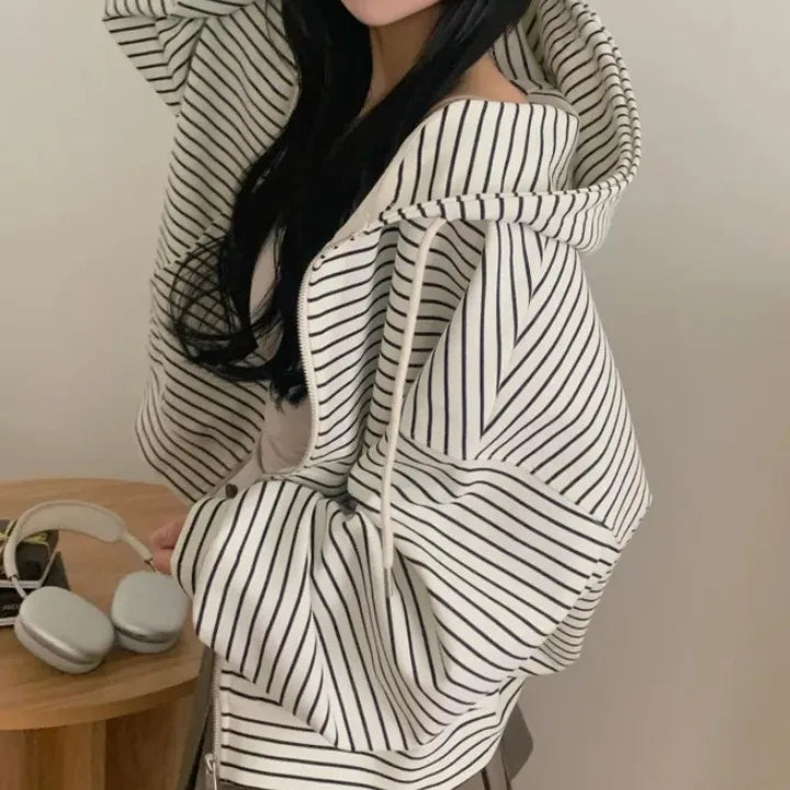 Spring 2025 Women's Chic Loose Casual Lazy Sle Striped Hooded Jaet with ket Open Cardigan Sweatirt Comfortable Fit