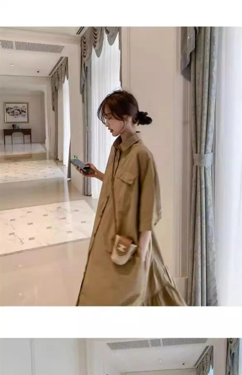 plus Size Khaki Shirt Dress Women Casual Summer Loose Fit High Waist A-Line Skirt Long Sleeve Polo Collar Polyester Fiber