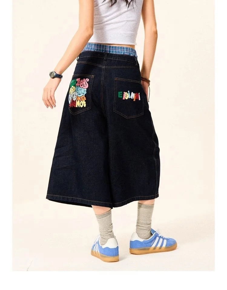 Summer High Street Letter Printing Washing Denim Shorts Men and Women American Retro Casual Loose Straight Cropped Pants Trendy