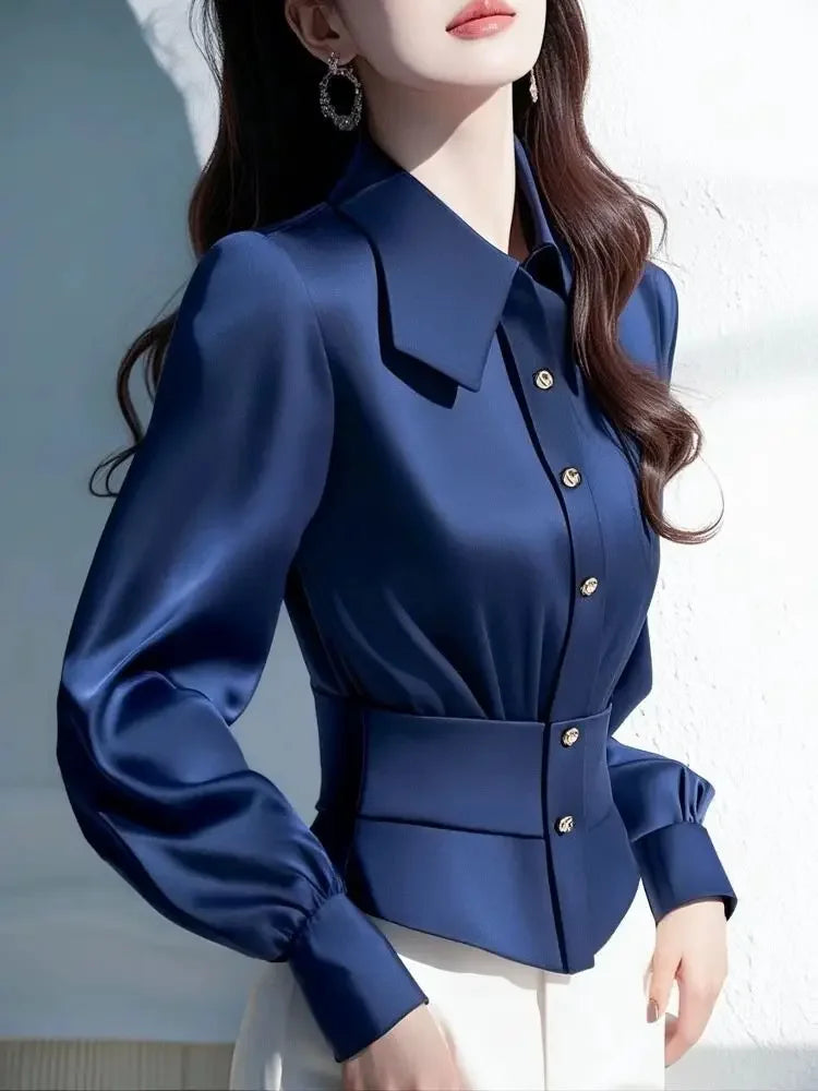 French Style Commuting Blue Satin Waist Slimming Shirt for Women 2025 Spring New Top