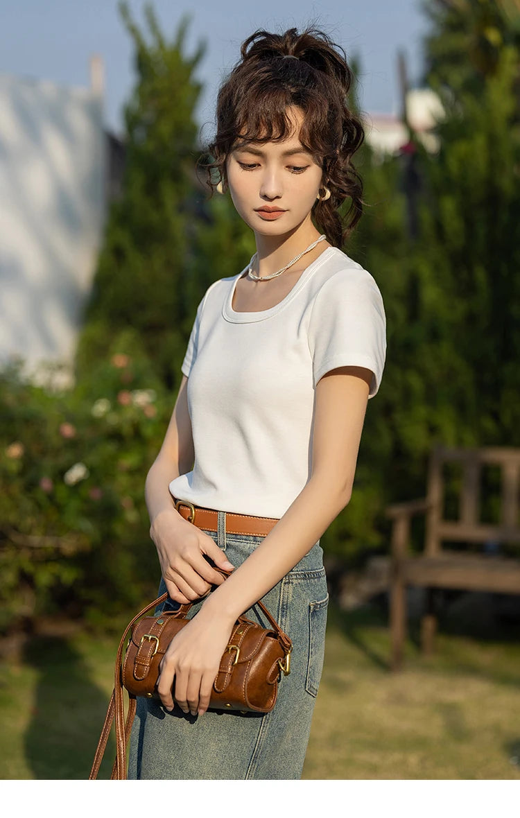 MISHOW Short Sleeve T-shirts Women Spring Solid Square-neck Top Elegant Woman Clothes Office Lady Cotton Tees MXC12T0641