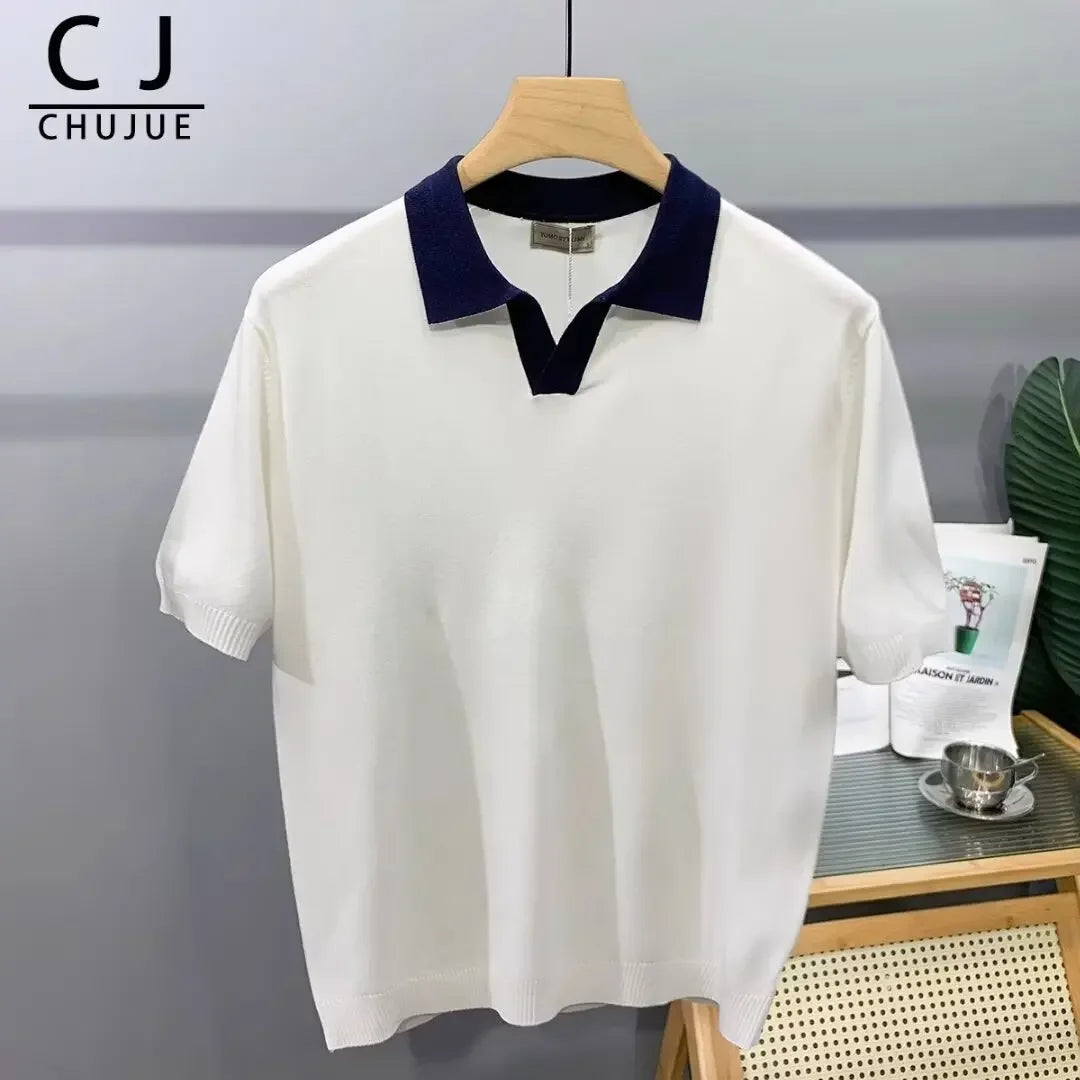 Summer Fashion Korean Style Loose Fit Color Blocking Lapel Knit Polo Shirt Men's Sleeves T-shirt Trendy Half Sleeve Body T-shirt