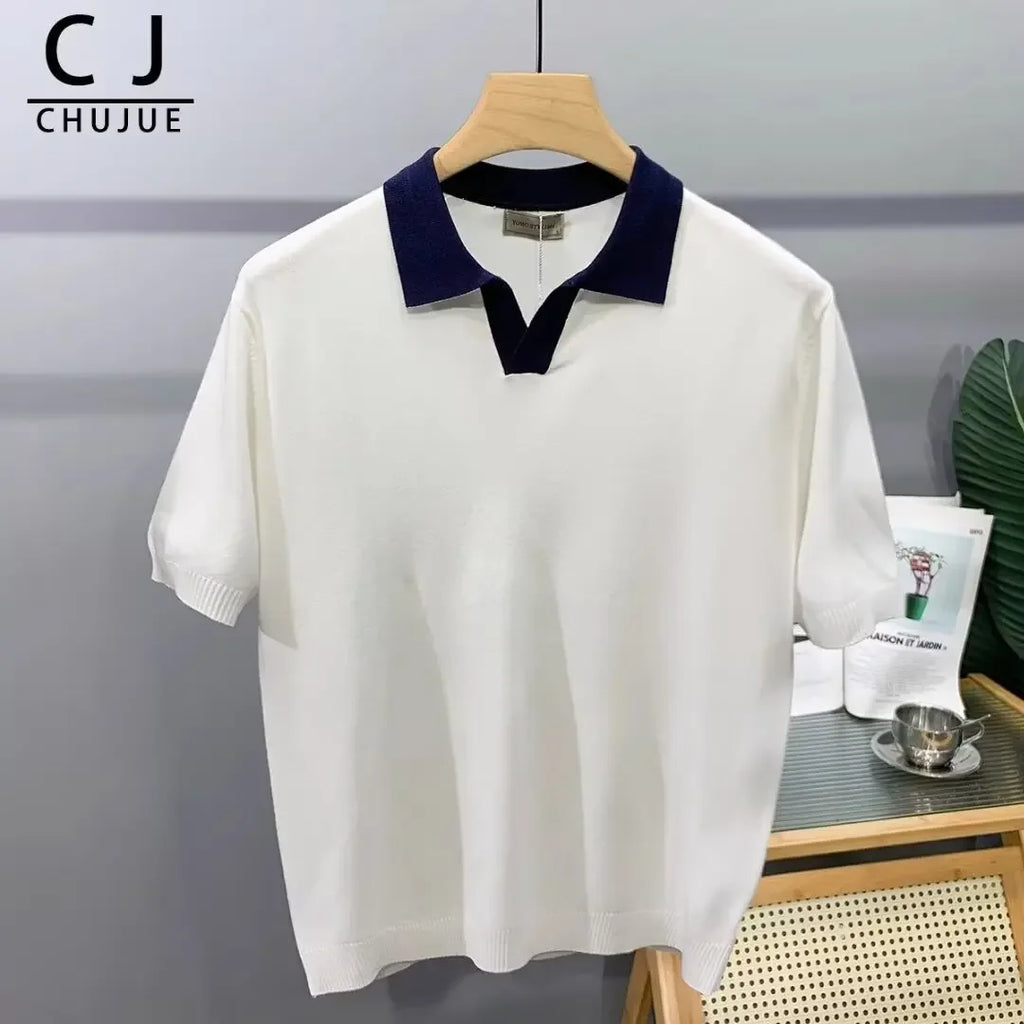 Summer Fashion Korean Style Loose Fit Color Blocking Lapel Knit Polo Shirt Men's Sleeves T-shirt Trendy Half Sleeve Body T-shirt