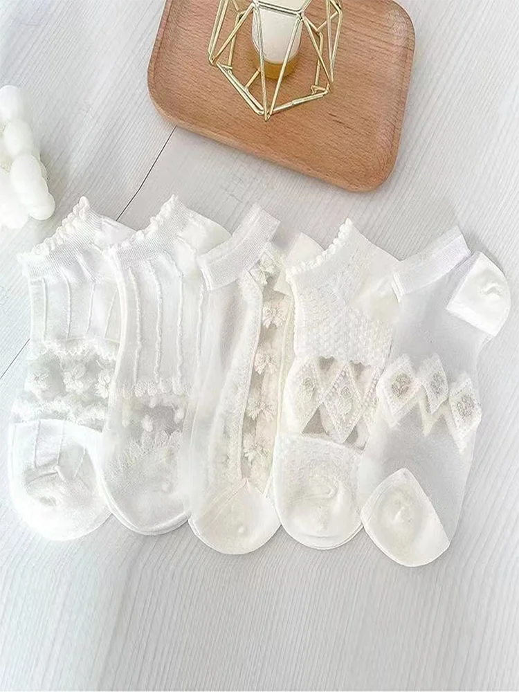 5 Pairs/Lot Summer Short Women White Socks Low Tube Cool Socks Set Cute Print Ankle Foot Cover Fashion New Kawaii Sock