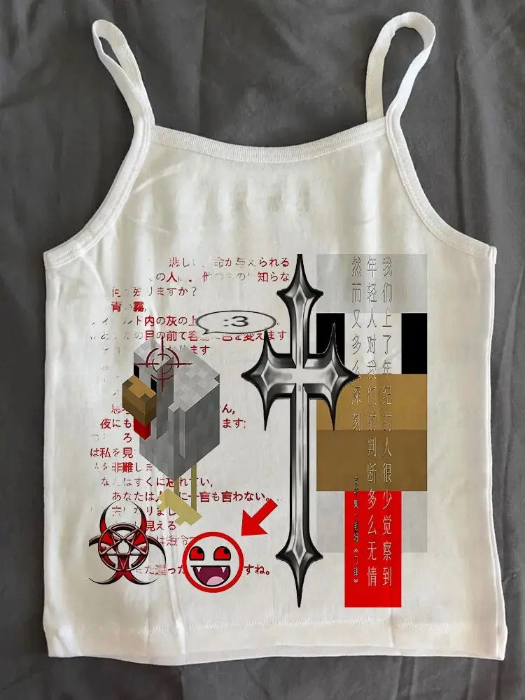 Punk Y2k Clothes Letter Graphic Print Grunge Crop Tops Vintage Slim Crop Tops Camisole Female Clothing Tank Cute Baby Tees 2000s