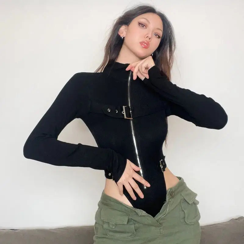 Punk Motorcycle-style Metal Button Zipper Jumpsuit Women Sports Bodycon Streetwear Y2k Retro Long Sleeve Cardigan Tops Bodysuits