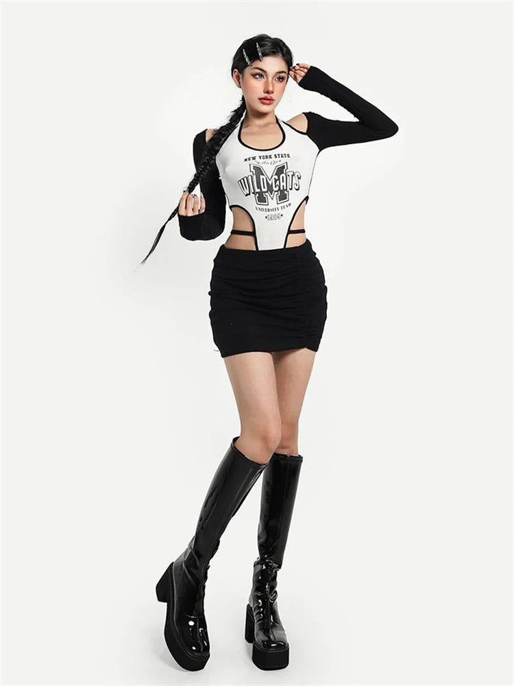 Sexy Letter Printed Irregular Waist-exposed Bodysuits Long Sleeve Skinny Baby Tops Bodycon Fashion Slim Rompers Women Jumpsuits