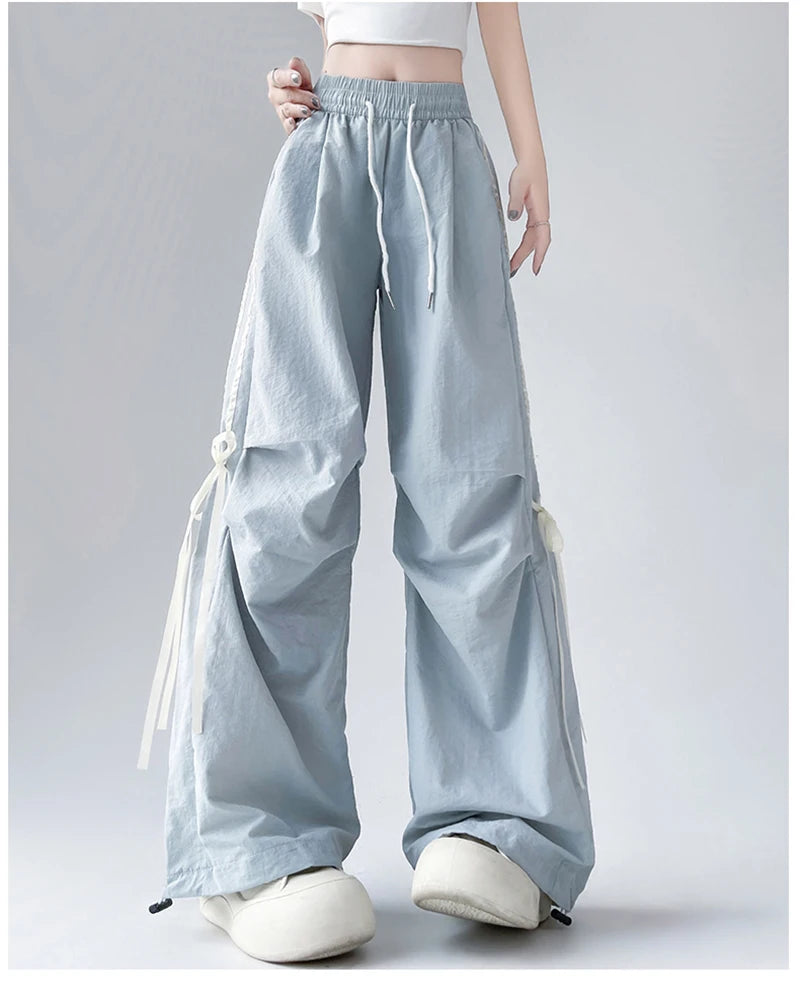 Zoki Dopamine Women Summer Pants Fashion Striped Bow Loose Multicolor Cargo Pants Casual Bf Ladies Trousers New