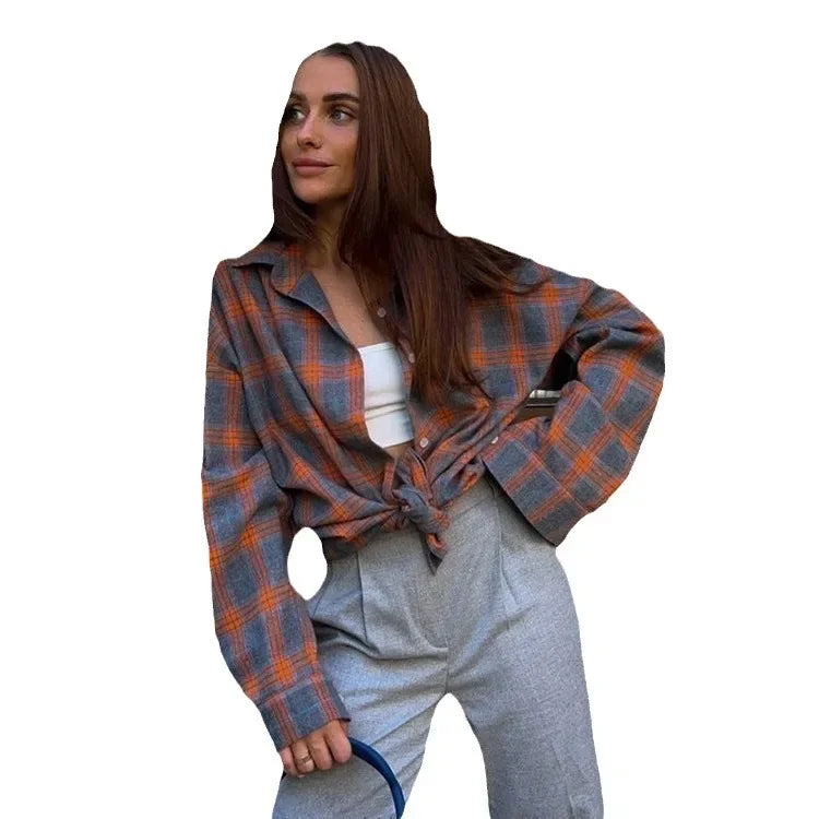 Retro Style Women's Loose Shirt Spring Autumn Plaid Fashion Versatile Casual Button up Cotton Polyester Blend Chinese Origin