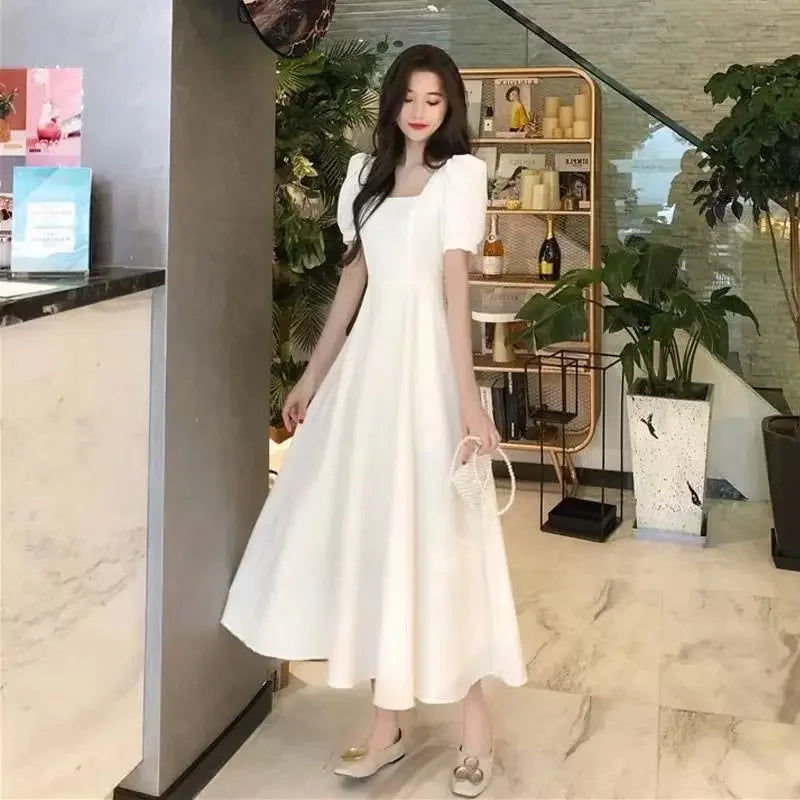 Summer French Vintage Hepburn White Long Dress Slimming High Waist Square Neck Bubble Skirt Women's Fashionable Knee-Length Dres