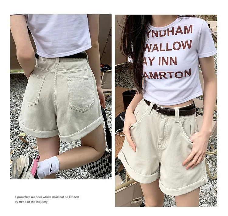 GUUZYUVIZ Green Shorts Feminina Summer Casual Loose Vintage  Jeans Shorts Women Streetwear High Waisted Wide Leg Denim Shorts